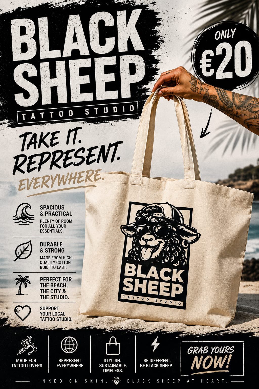 Official Black Sheep Tattoo Studio branded tote bag merchandise in Kos